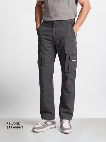 Men's Grey Relaxed Straight Fit Solid Utility Cargo