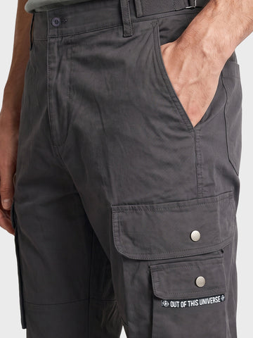 Men's Grey Relaxed Straight Fit Solid Utility Cargo