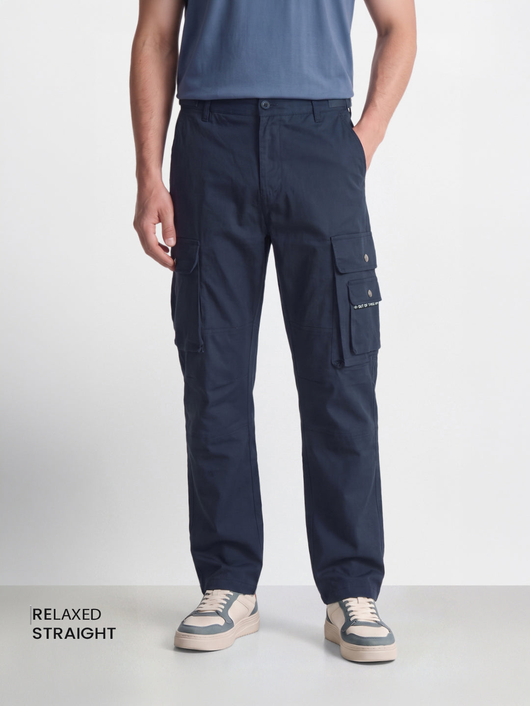 Men's Navy Relaxed Straight Fit Solid Utility Cargo