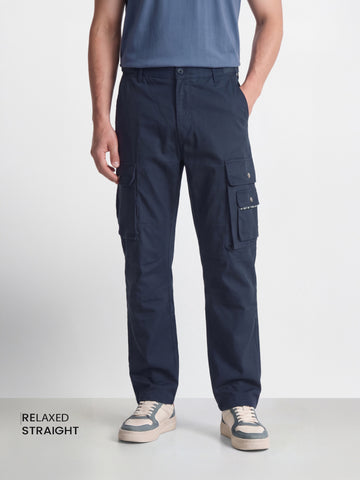 Men's Navy Relaxed Straight Fit Solid Utility Cargo