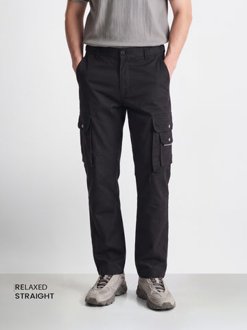 Men's Black Relaxed Straight Fit Solid Utility Cargo
