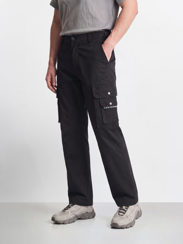 Men's Black Relaxed Straight Fit Solid Utility Cargo