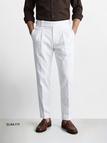 Men's White Slim Fit Solid Casual Trousers