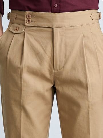 Men's Beige Slim Fit Solid Casual Trousers