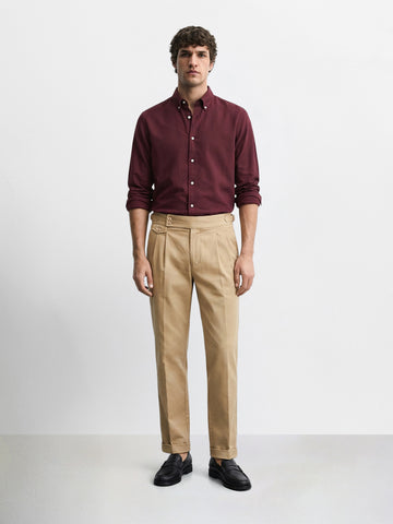 Men's Beige Slim Fit Solid Casual Trousers