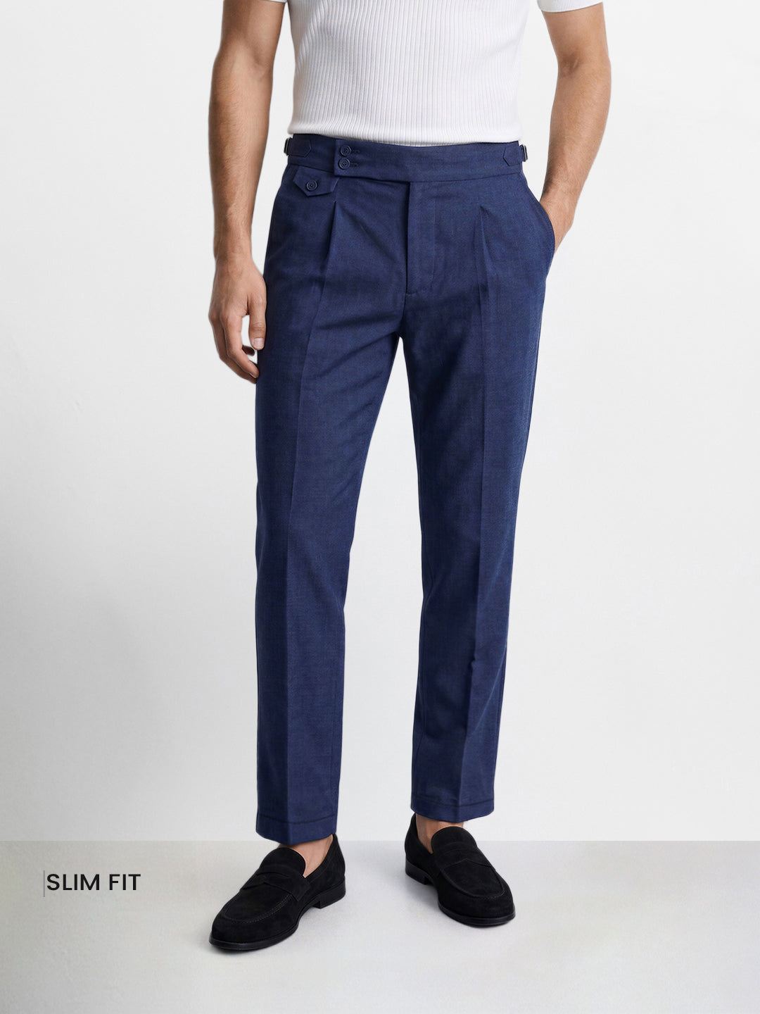 Men's Navy Blue Slim Fit Solid Resort Wear Trousers