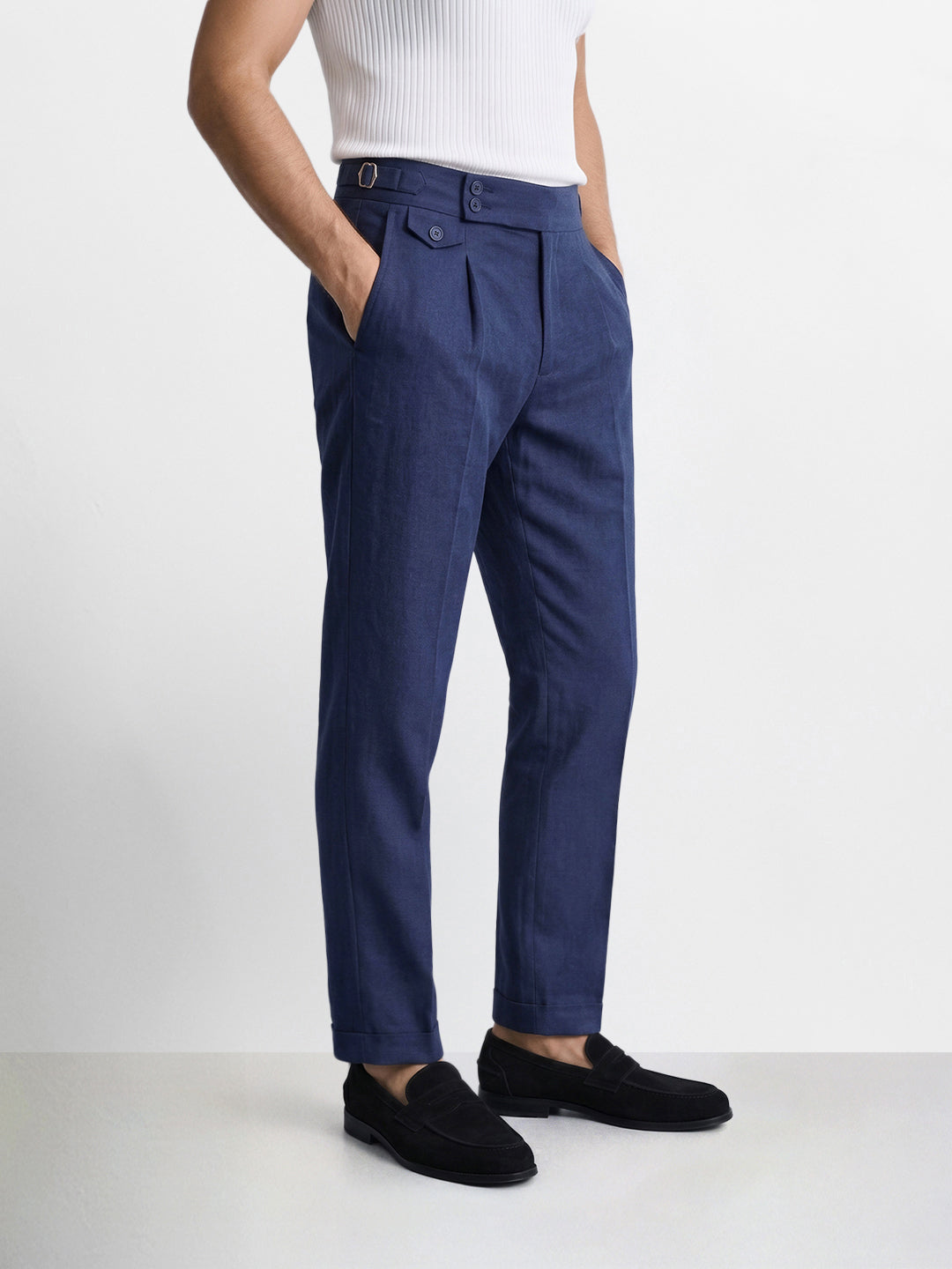 Men's Navy Blue Slim Fit Solid Resort Wear Trousers