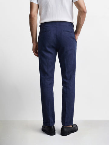 Men's Navy Blue Slim Fit Solid Resort Wear Trousers