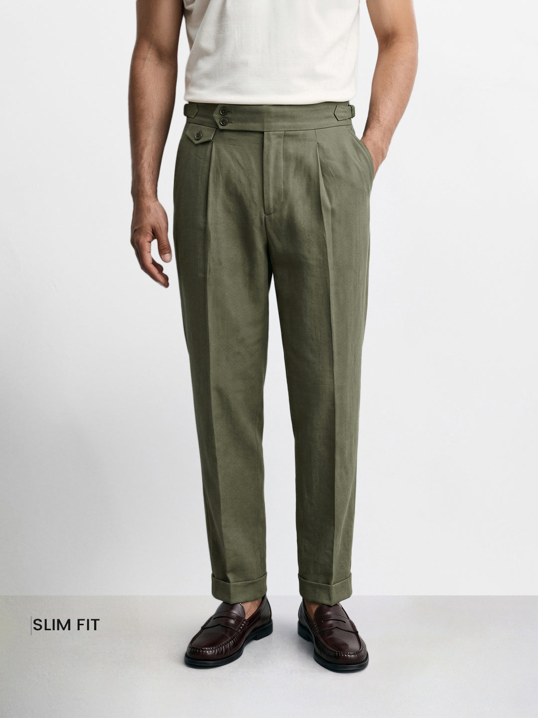 Men's Olive Slim Fit Solid Resort Wear Trousers