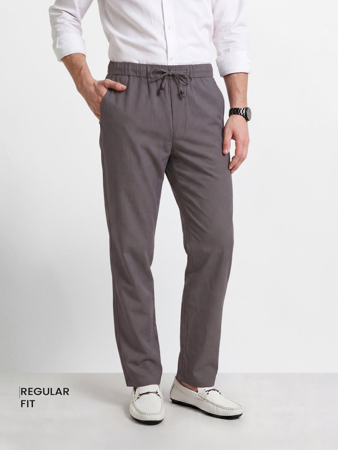 Men's Grey Relaxed Fit Solid Resort Wear Trousers
