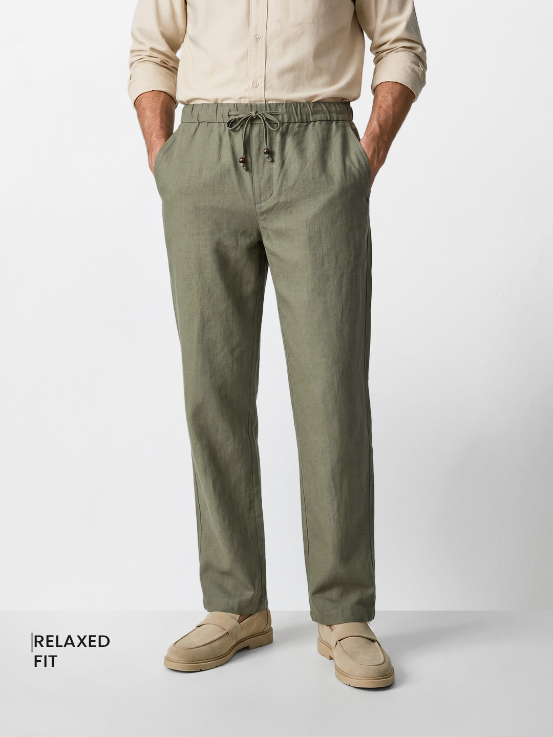 Men's Olive Relaxed Fit Solid Resort Wear Trousers