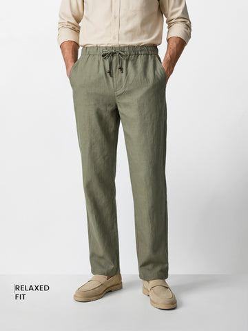 Men's Olive Relaxed Fit Solid Resort Wear Trousers
