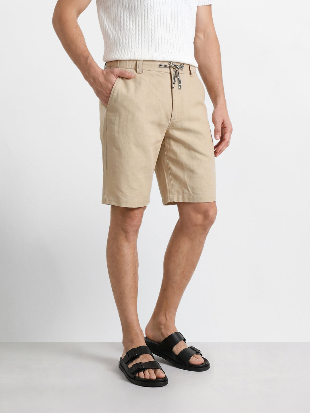 Men's Beige Relaxed Fit Solid Resort Wear Shorts