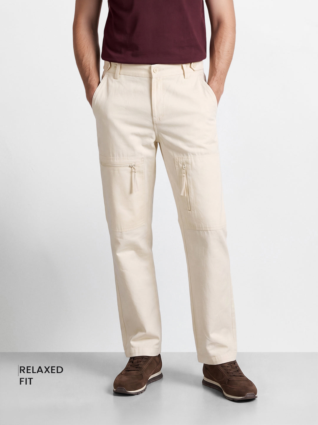 Men's Off White Relaxed Fit Solid Utility Cargos