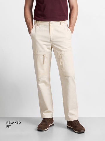 Men's Off White Relaxed Fit Solid Utility Cargos
