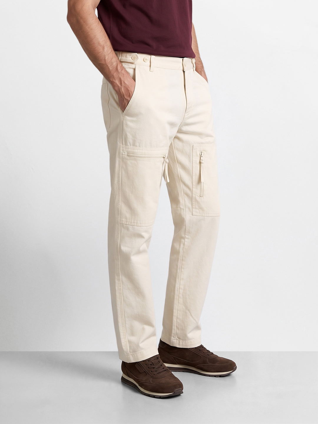Men's Off White Relaxed Fit Solid Utility Cargos
