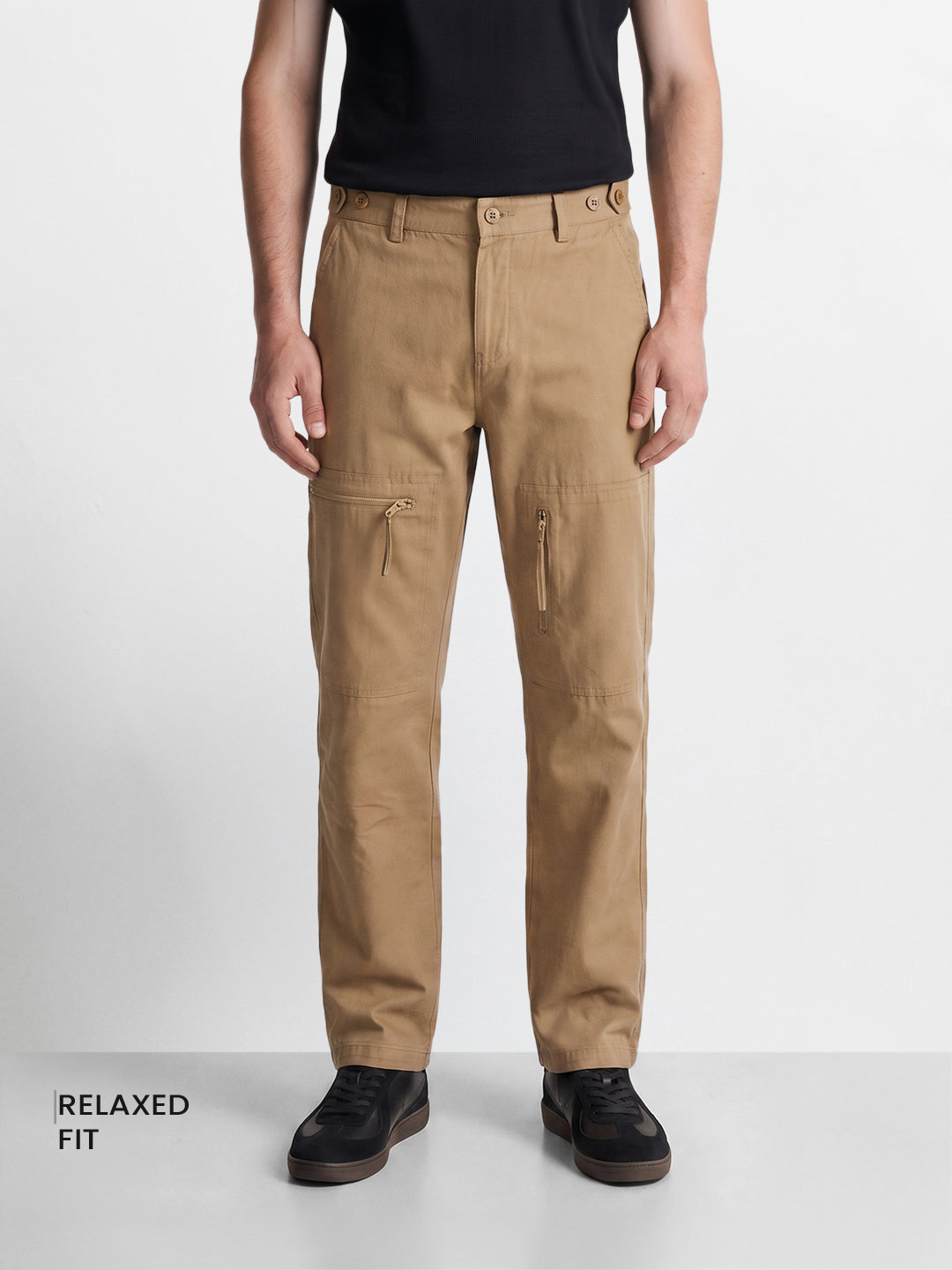 Men's Khaki Relaxed Fit Solid Utility Cargos