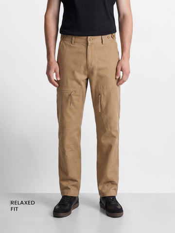 Men's Khaki Relaxed Fit Solid Utility Cargos