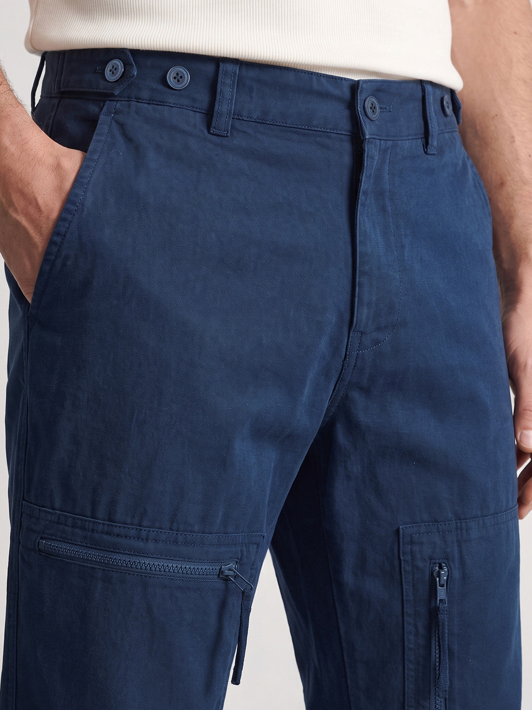 Men's Navy Blue Relaxed Fit Solid Utility Cargos