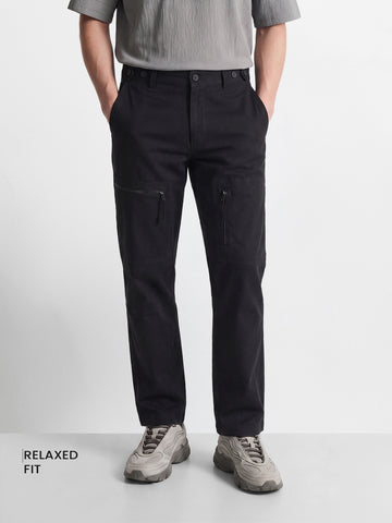 Men's Black Relaxed Fit Solid Utility Cargos