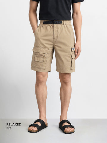 Men's Beige Relaxed Fit Solid Utility Cargo Shorts