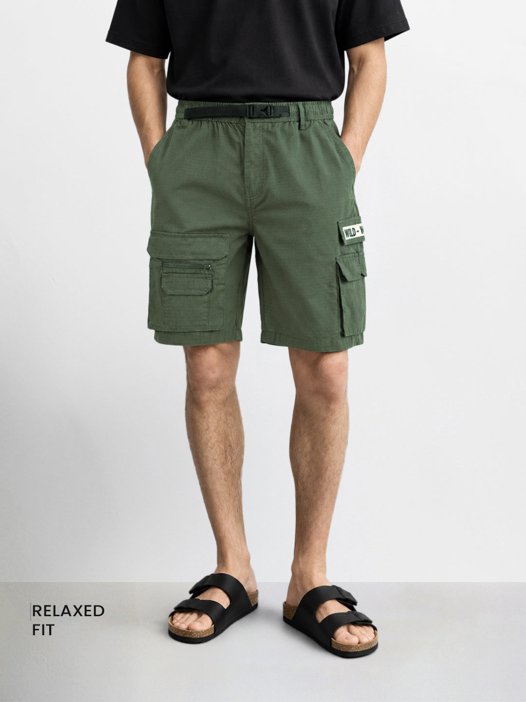 Men's Green Relaxed Fit Solid Utility Cargo Shorts