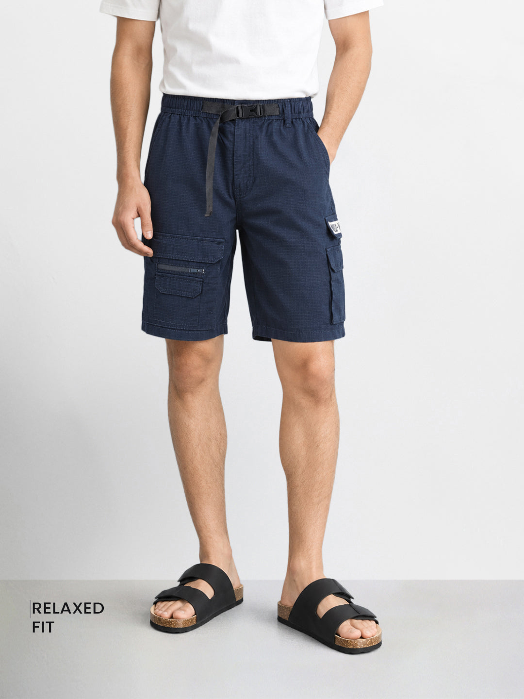Men's Navy Blue Relaxed Fit Solid Utility Cargo Shorts