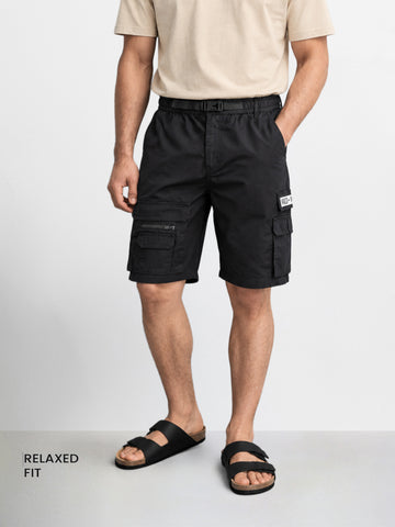 Men's Black Relaxed Fit Solid Utility Cargo Shorts