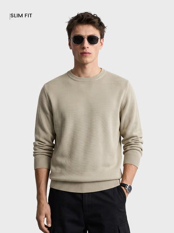 Men's Beige Slim Fit Solid Casual Sweater