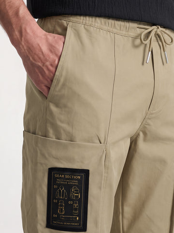 Men's Khaki Relaxed Fit Solid Utility Cargo