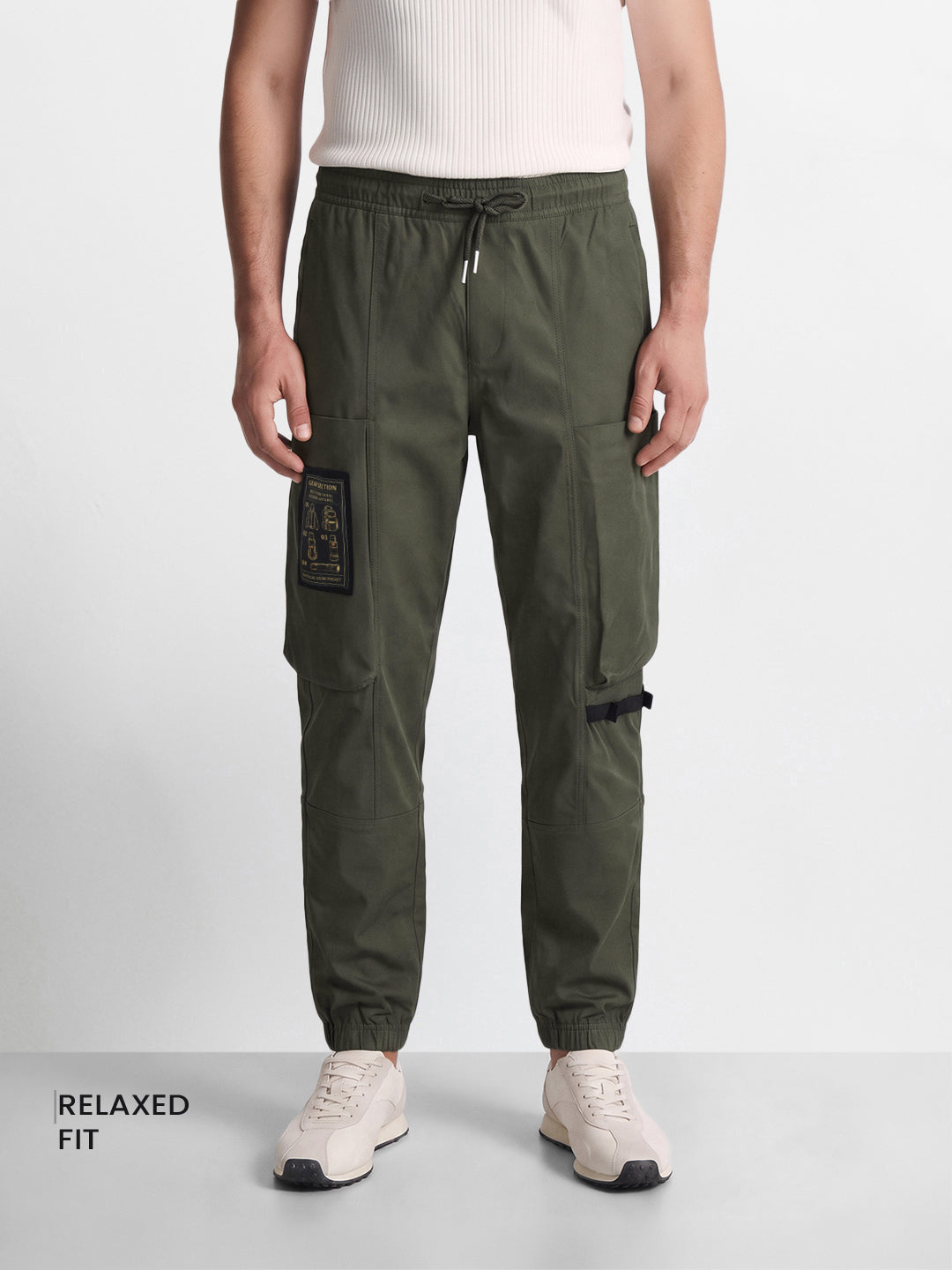 Men's Olive Relaxed Fit Solid Utility Cargo