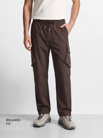 Men's Brown Relaxed Fit Solid Utility Cargos