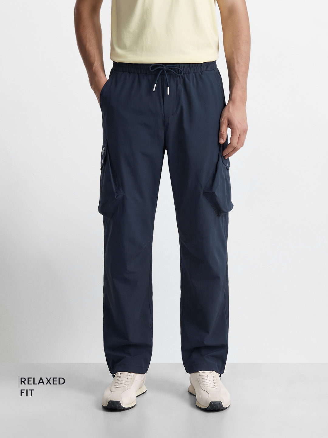 Men's Navy Blue Relaxed Fit Solid Utility Cargos