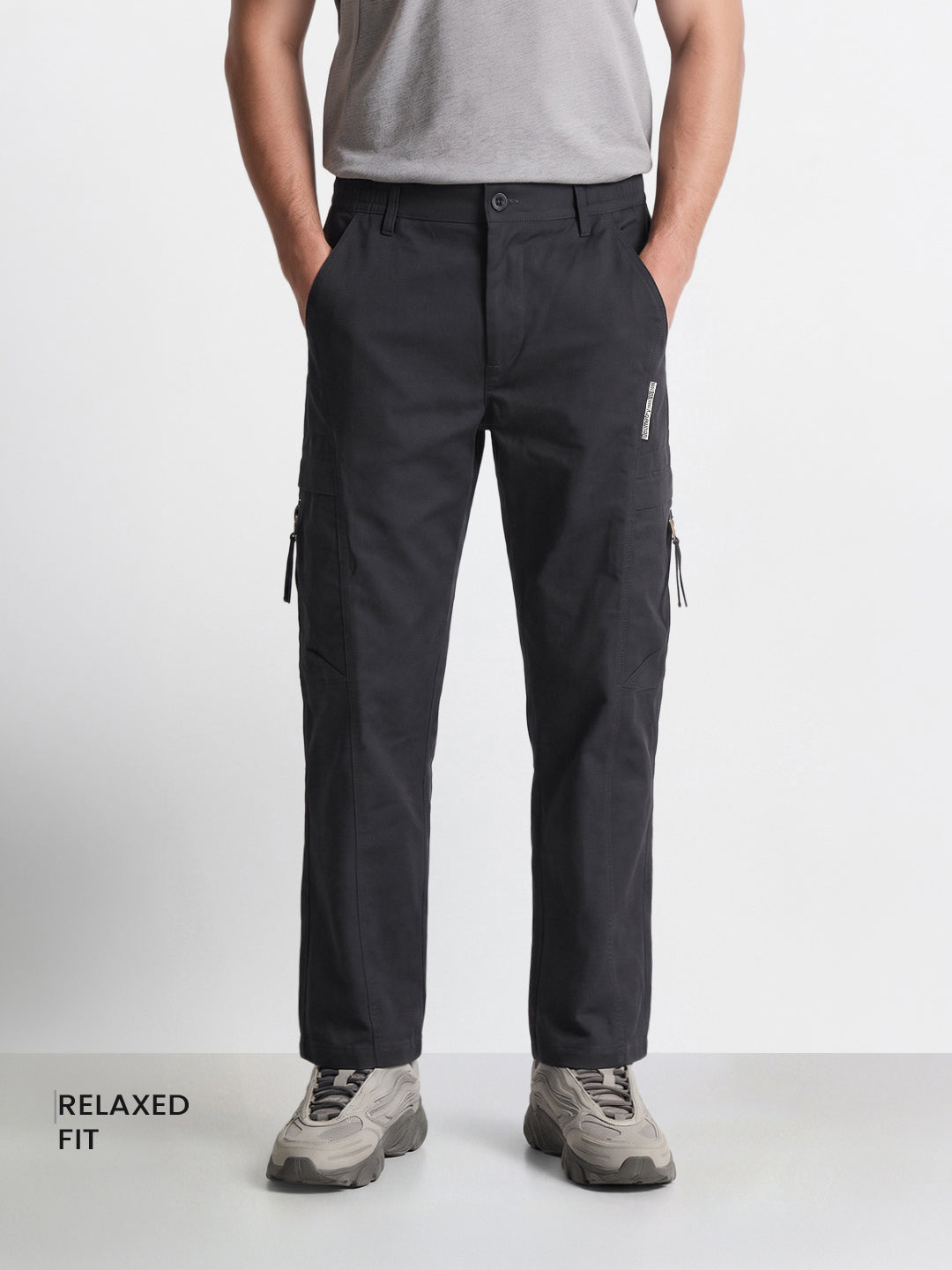 Men's Grey Relaxed Fit Solid Utility Cargo