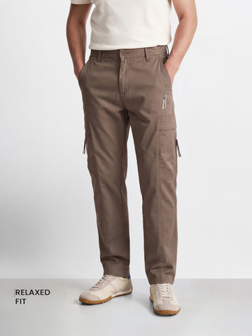 Men's Khaki Relaxed Fit Solid Utility Cargo