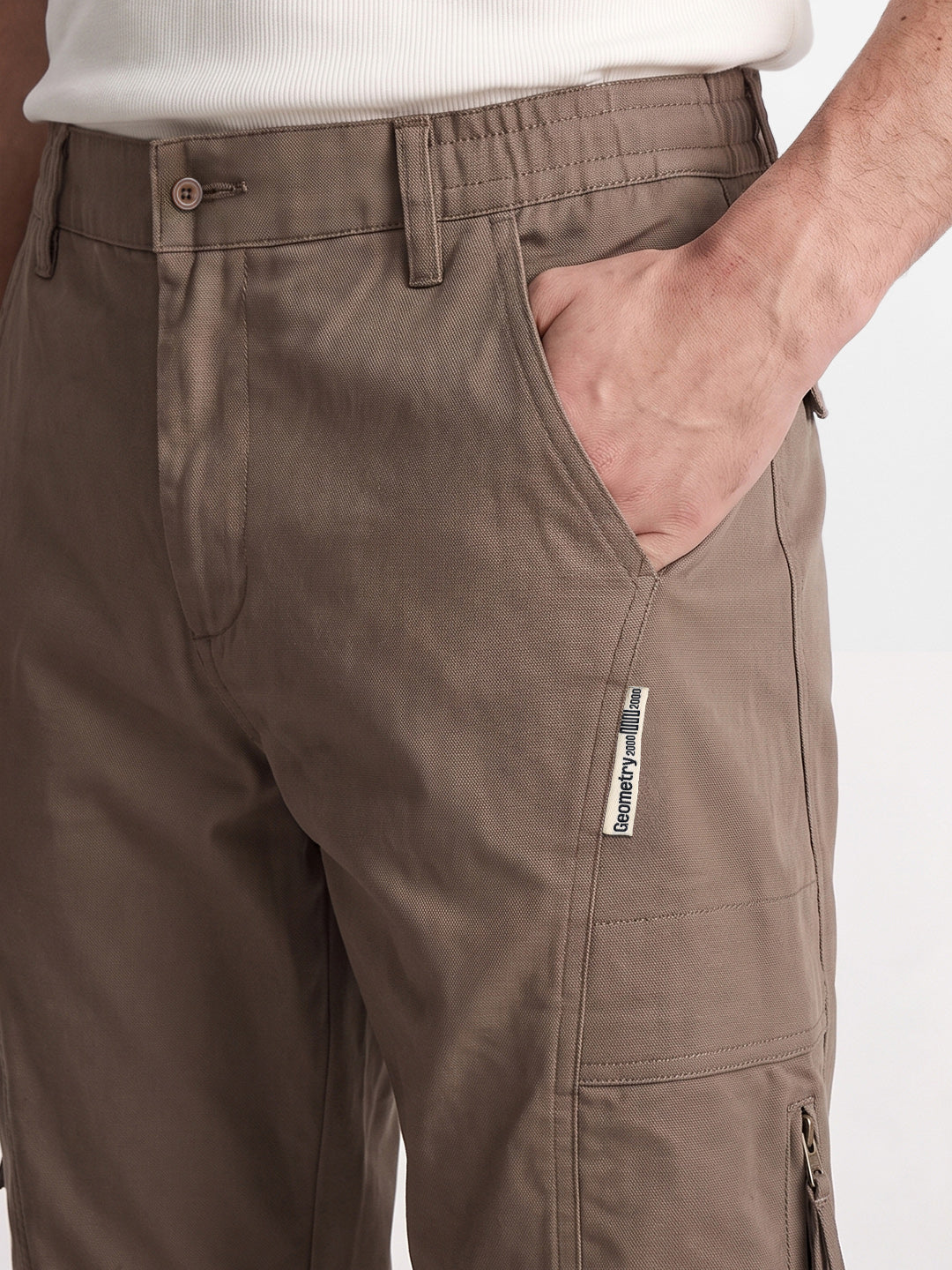 Men's Khaki Relaxed Fit Solid Utility Cargo