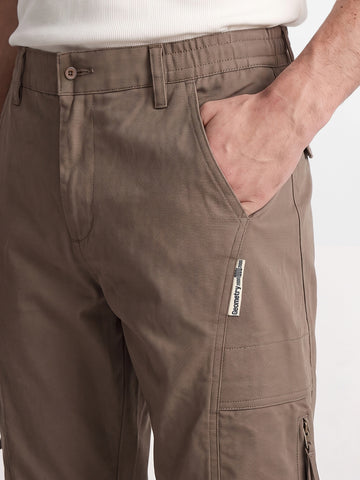 Men's Khaki Relaxed Fit Solid Utility Cargo