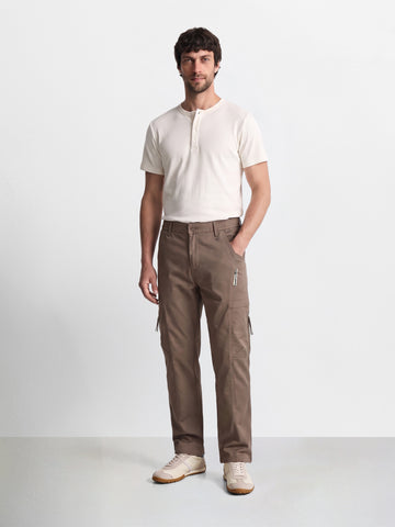 Men's Khaki Relaxed Fit Solid Utility Cargo