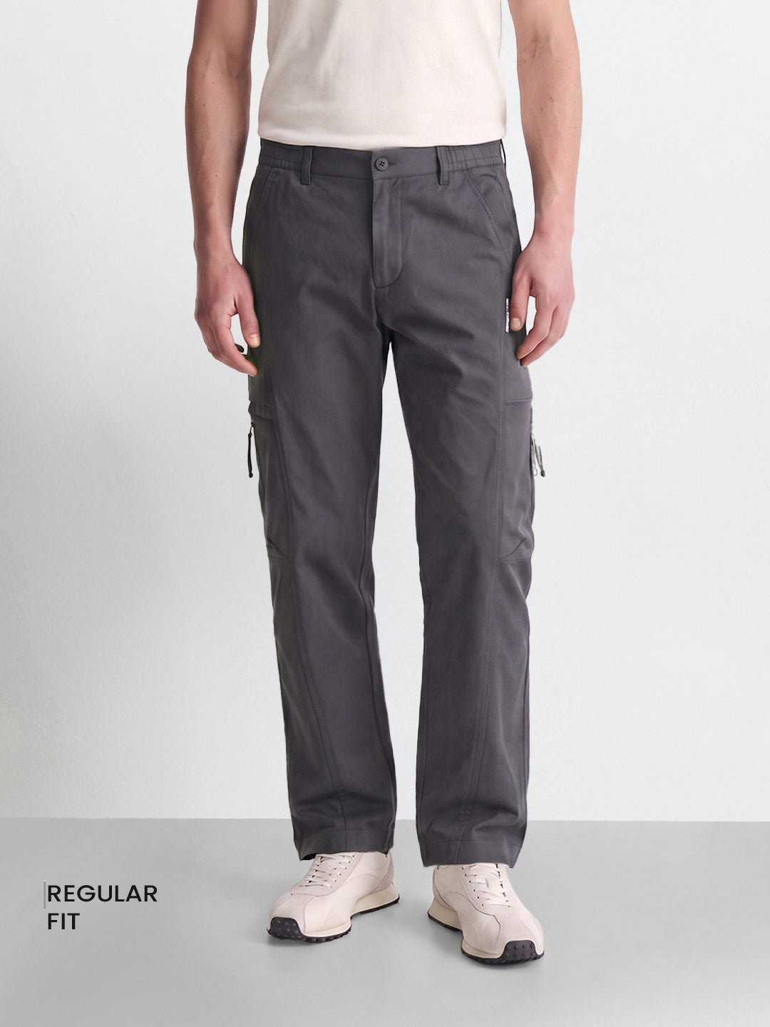 Men's Grey Relaxed Fit Solid Utility Cargo