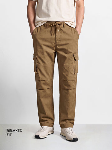 Men's Brown Relaxed Fit Solid Utility Cargo
