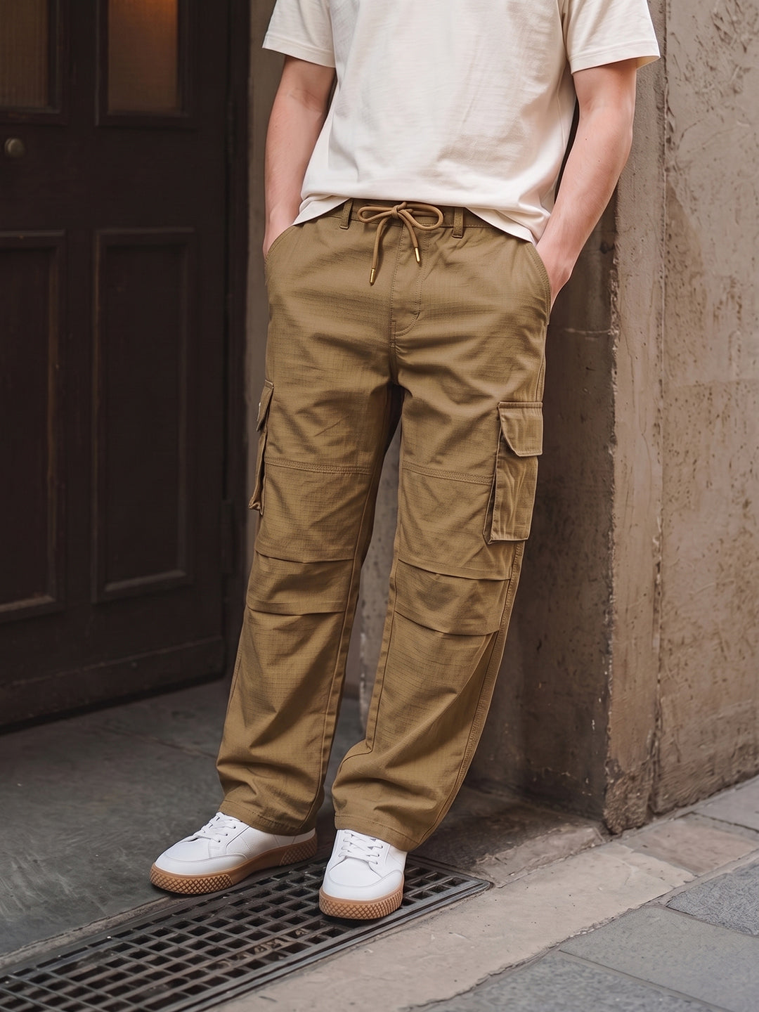 Men's Brown Relaxed Fit Solid Utility Cargo