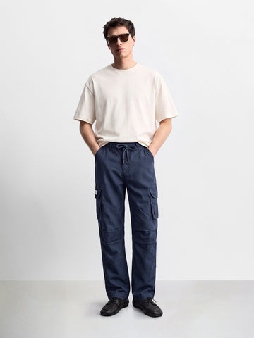 Men's Navy Blue Relaxed Fit Solid Utility Cargos