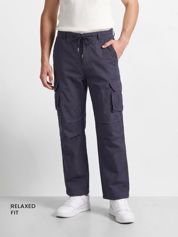 Men's Black Relaxed Fit Solid Utility Cargos