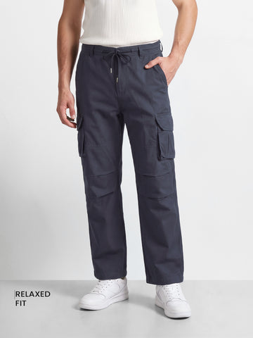 Men's Grey Relaxed Fit Solid Utility Cargos