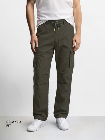 Men's Olive Relaxed Fit Solid Utility Cargo