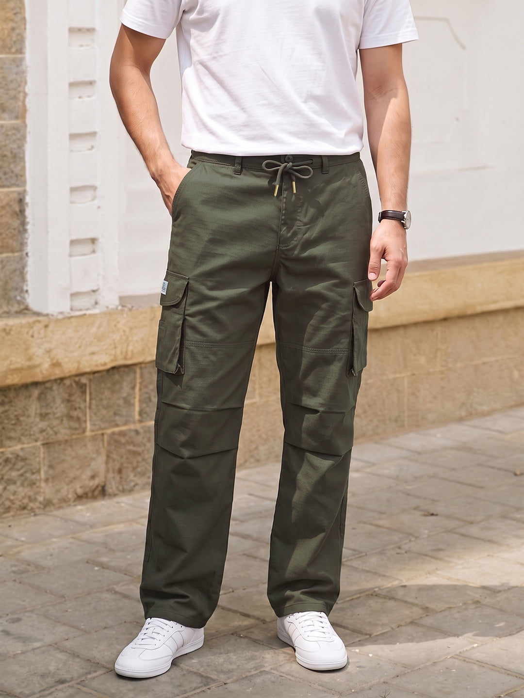 Men's Olive Relaxed Fit Solid Utility Cargo