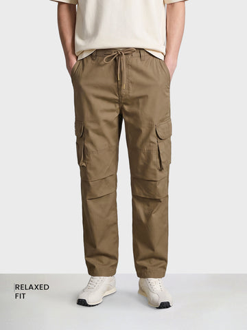 Men's Khaki Relaxed Fit Solid Utility Cargos