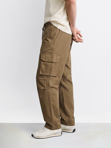Men's Khaki Relaxed Fit Solid Utility Cargos