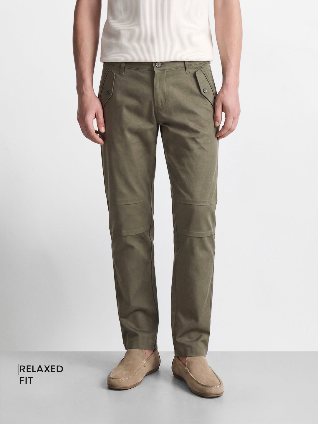 Men's Olive Relaxed Fit Solid Casual Trousers