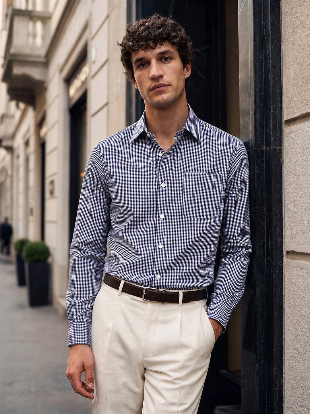 Men's Navy Slim Fit Checkered Casual Shirt